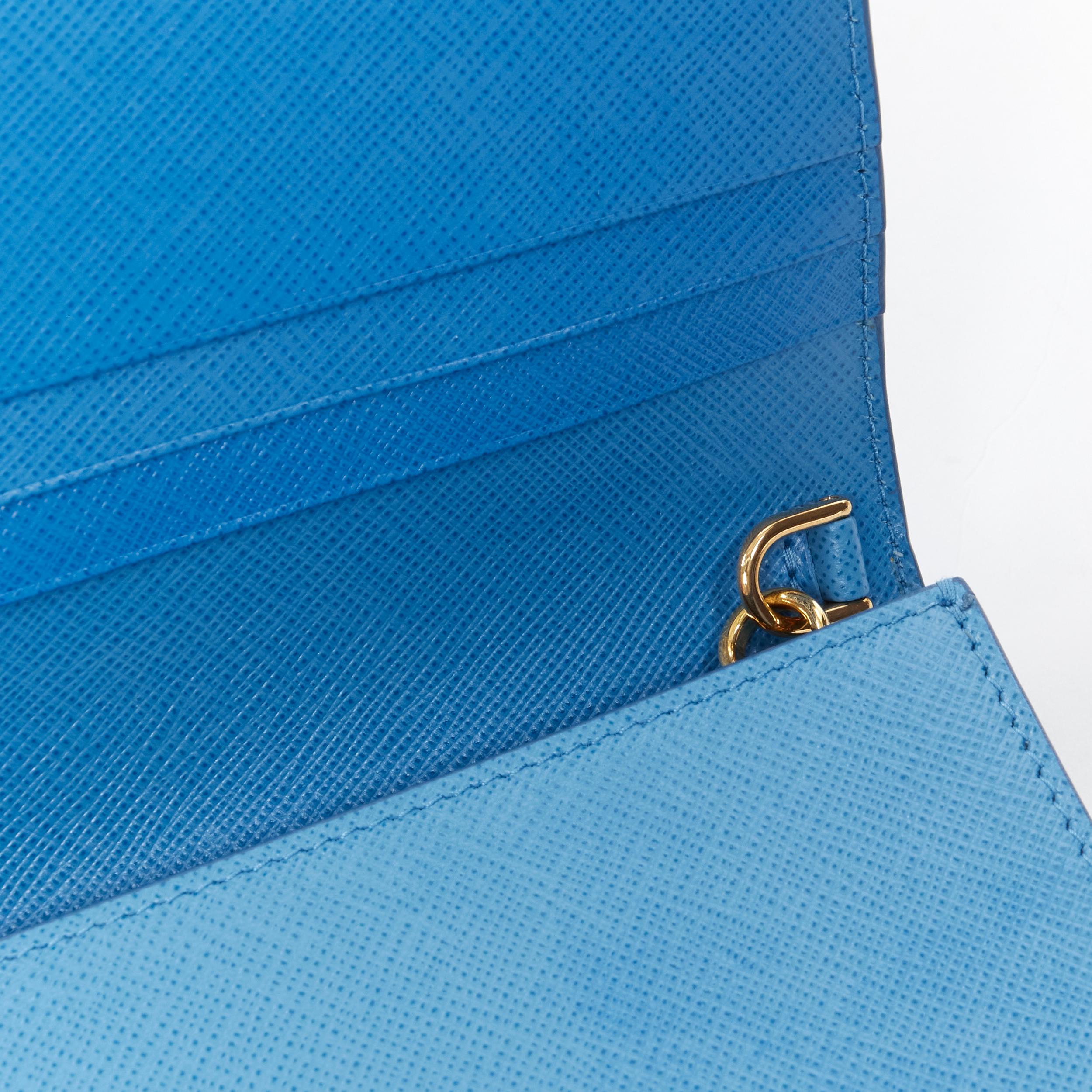 PRADA blue saffiano leather gold logo chain crossbody long wallet clutch bag WOC 3