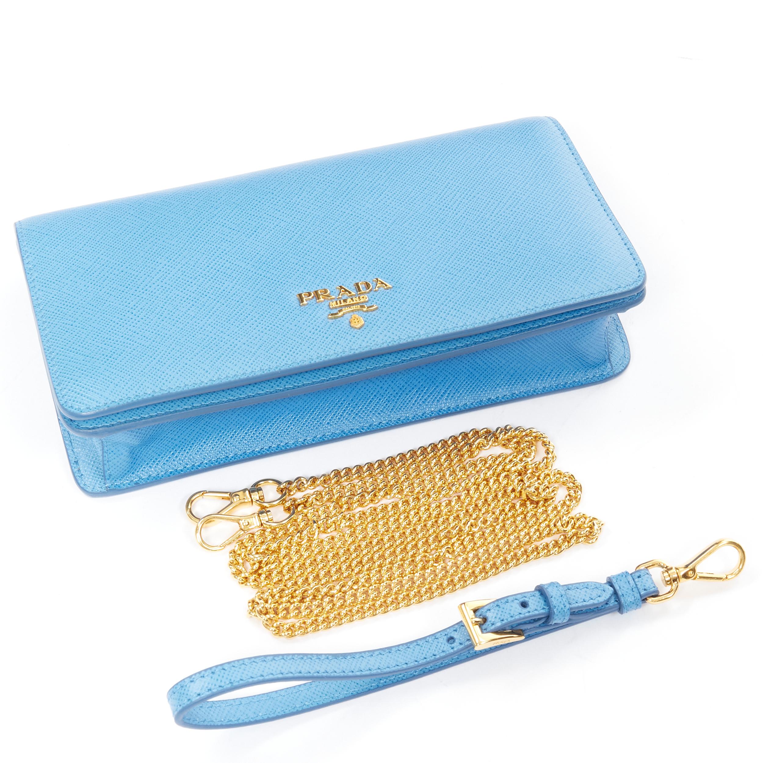 PRADA blue saffiano leather gold logo chain crossbody long wallet clutch bag WOC 4