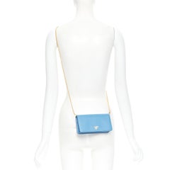PRADA blue saffiano leather gold logo chain crossbody long wallet clutch bag WOC