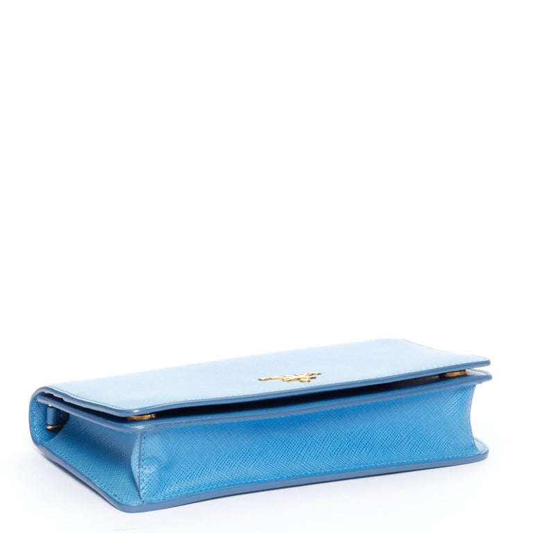 PRADA blue saffiano leather gold logo chain crossbody long wallet clutch bag  WOC at 1stDibs