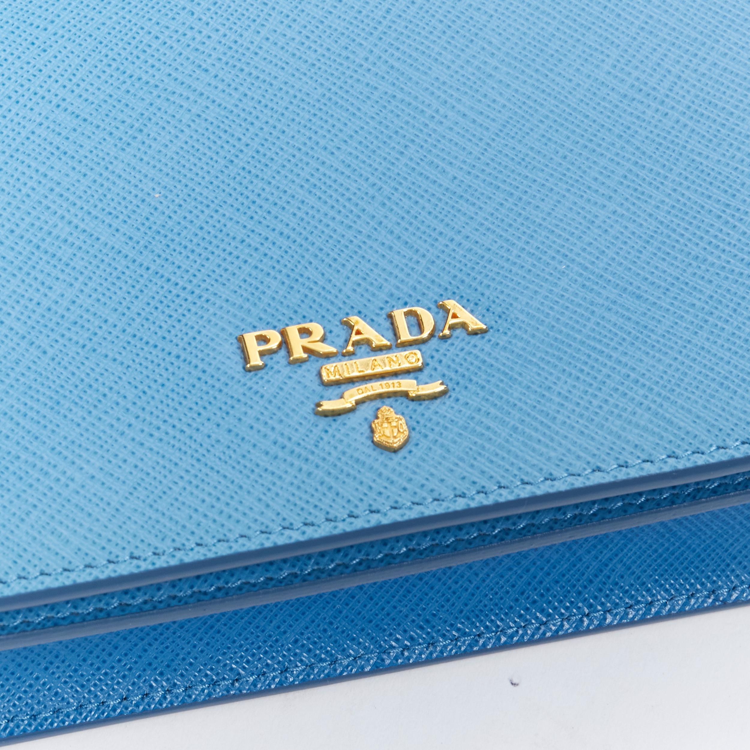 Blue PRADA blue saffiano leather gold logo chain crossbody long wallet clutch bag WOC