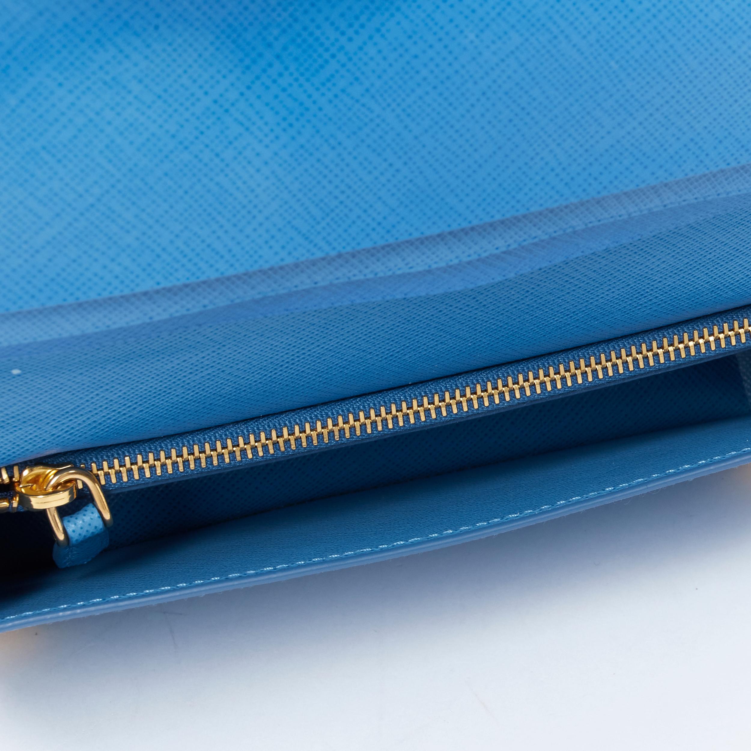 PRADA blue saffiano leather gold logo chain crossbody long wallet clutch bag WOC In Good Condition In Hong Kong, NT