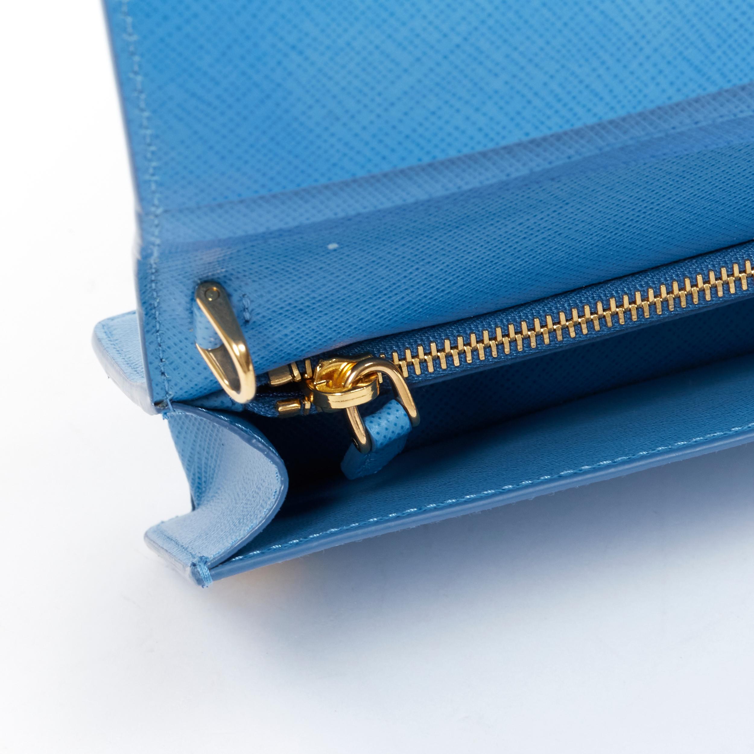 Women's PRADA blue saffiano leather gold logo chain crossbody long wallet clutch bag WOC