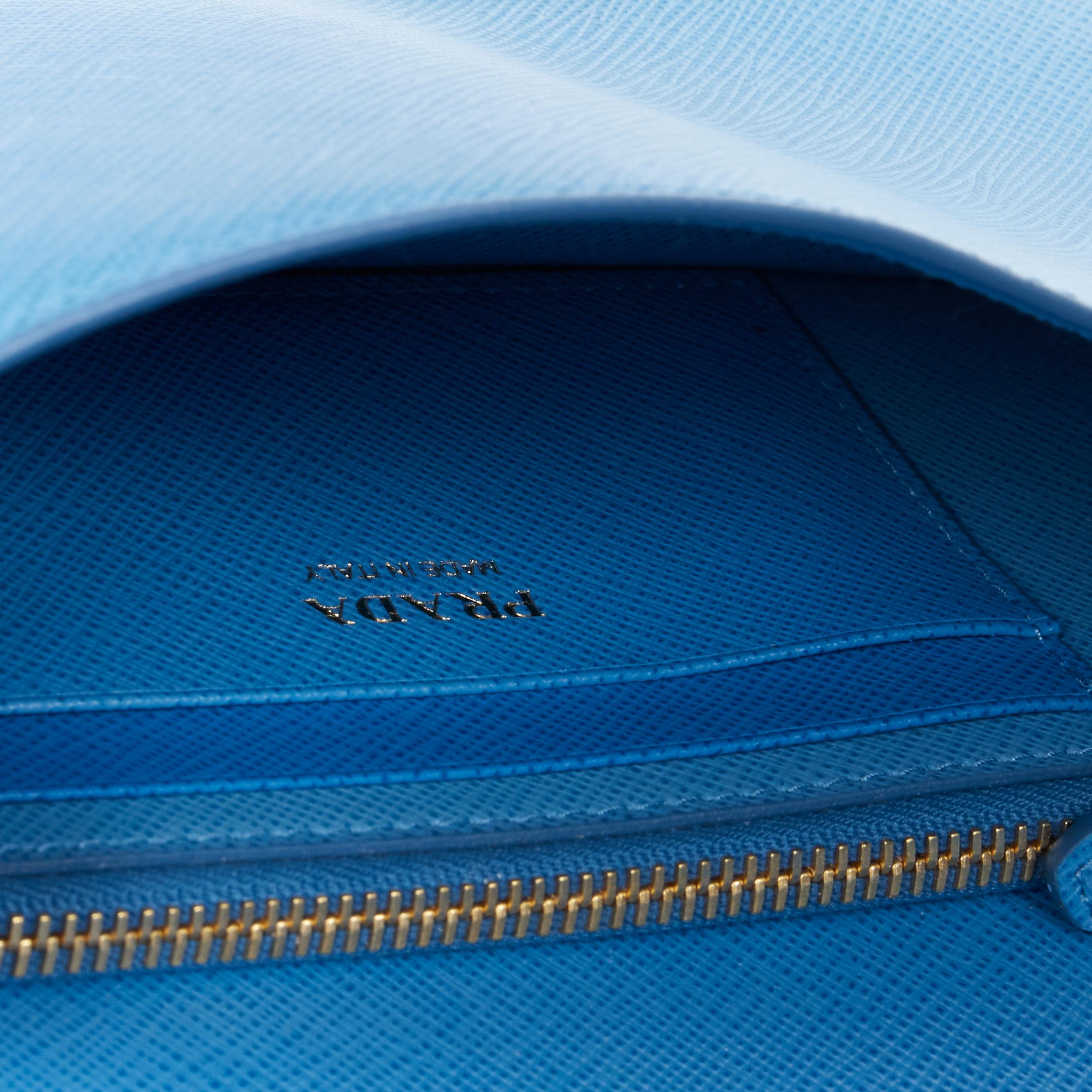 PRADA blue saffiano leather gold logo chain crossbody long wallet clutch bag WOC 1