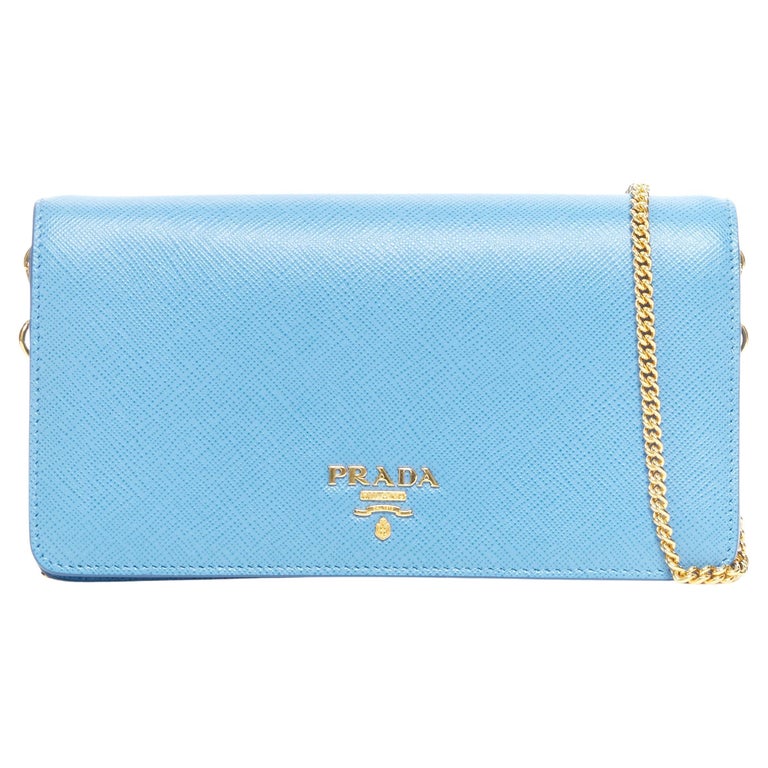 PRADA blue saffiano leather gold logo chain crossbody long wallet clutch bag  WOC at 1stDibs | prada logo chain crossbody bag
