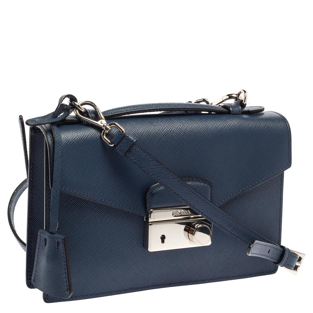 Prada Blue Saffiano Leather Mini Sound Top Handle Bag In Good Condition In Dubai, Al Qouz 2