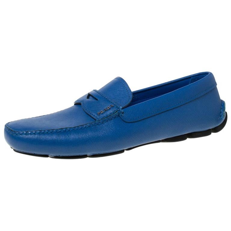 Prada Blue Saffiano Leather Penny Loafers Size 44.5