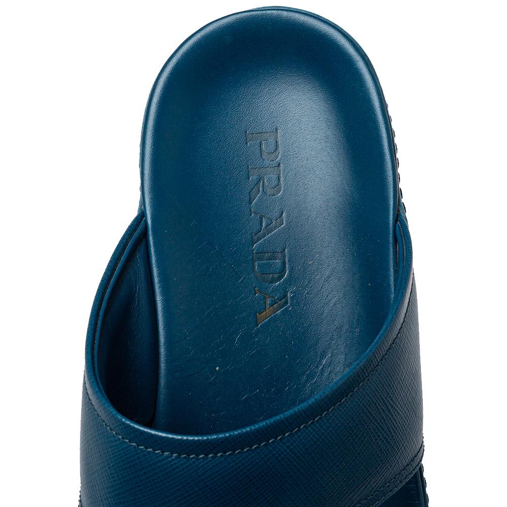 Black Prada Blue Saffiano Leather Slide Sandals Size 41.5