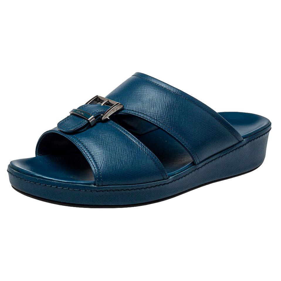 Prada Blue Saffiano Leather Slide Sandals Size 41.5