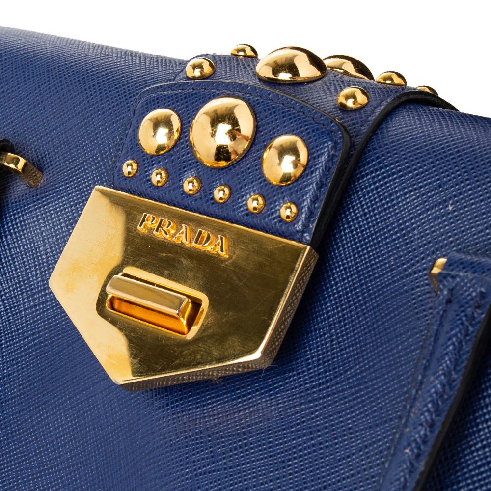 Prada Blue Saffiano Leather Studded Flap Tote 9