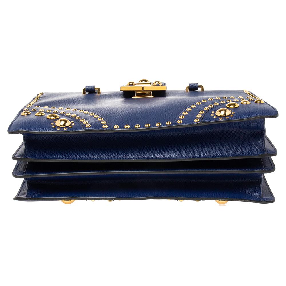 Prada Blue Saffiano Leather Studded Flap Tote In Good Condition In Dubai, Al Qouz 2