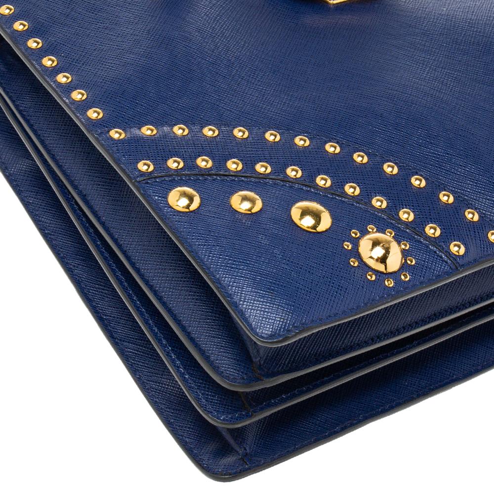 Women's Prada Blue Saffiano Leather Studded Flap Tote