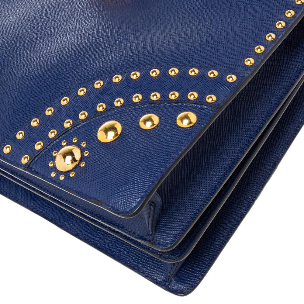 Prada Blue Saffiano Leather Studded Flap Tote 1