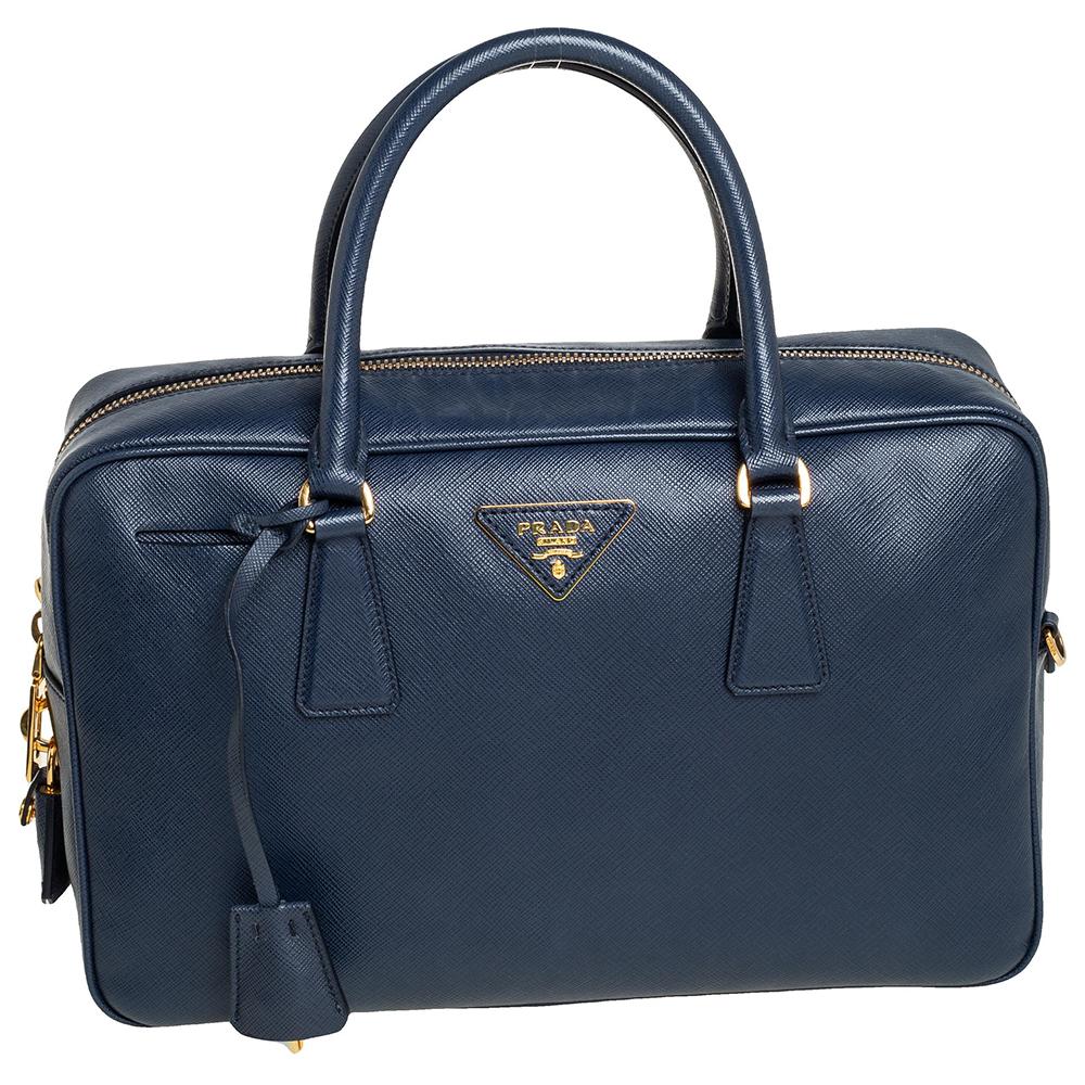 Prada Blue Saffiano Leather Top handle Bag