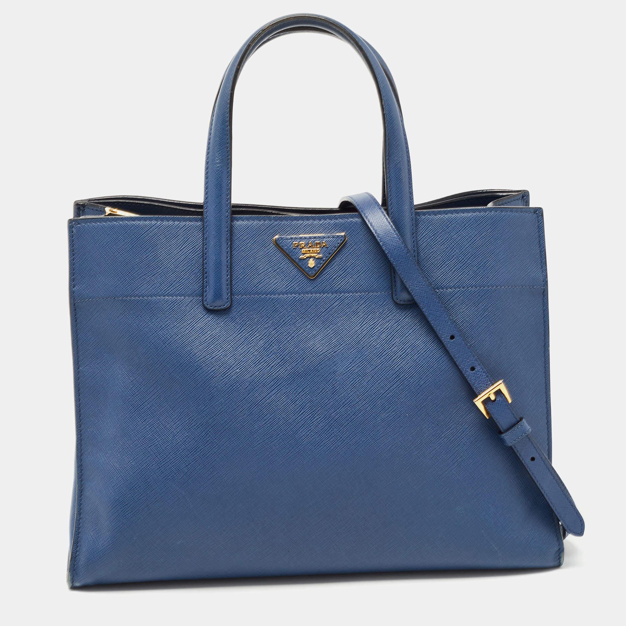 Women's Prada Blue Saffiano Leather Triple Pocket Convertible Tote