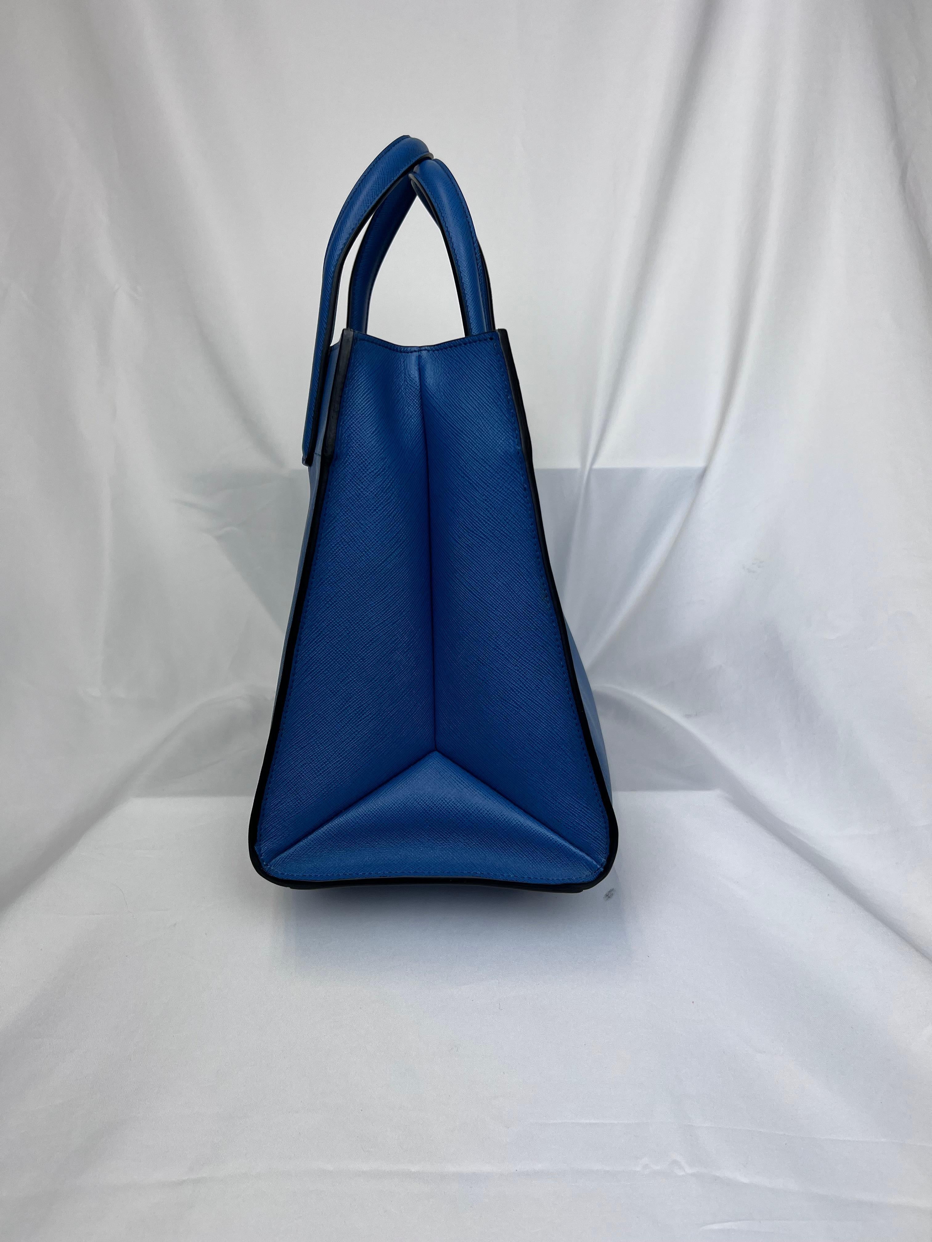 Women's Prada Blue Saffiano Leather Triple Pocket Convertible Tote For Sale