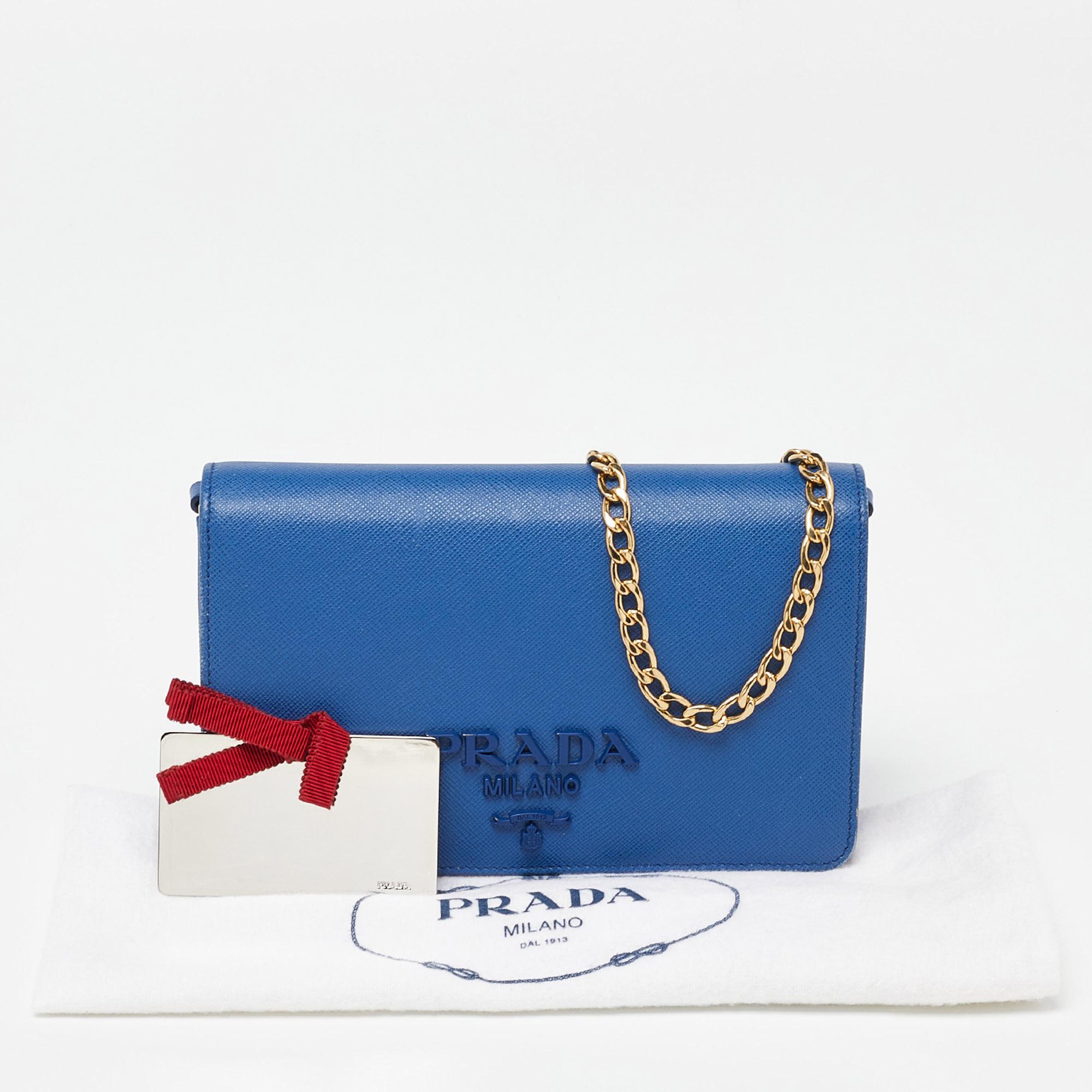 Prada Blue Saffiano Leather Wallet on Chain 6