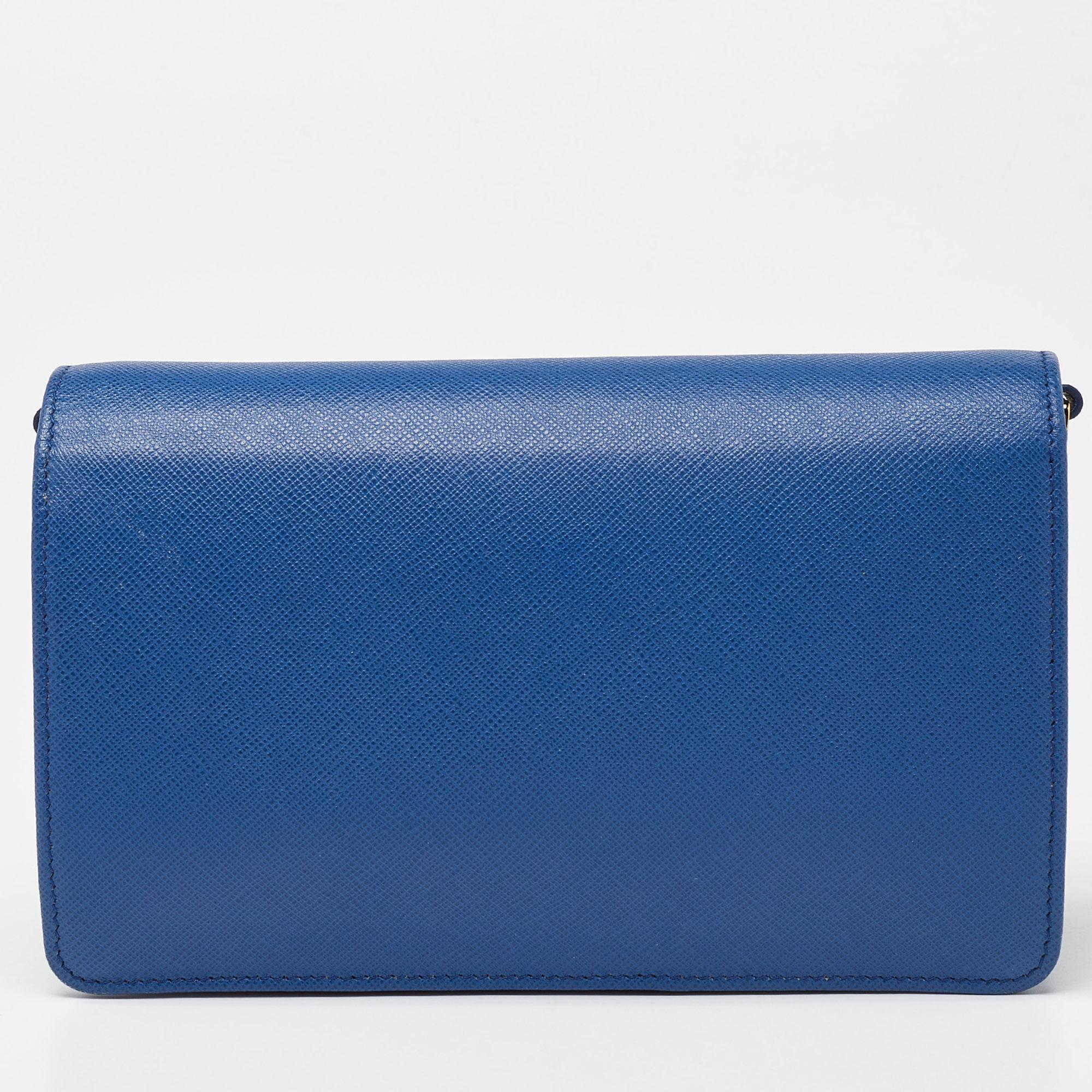 Women's Prada Blue Saffiano Leather Wallet on Chain