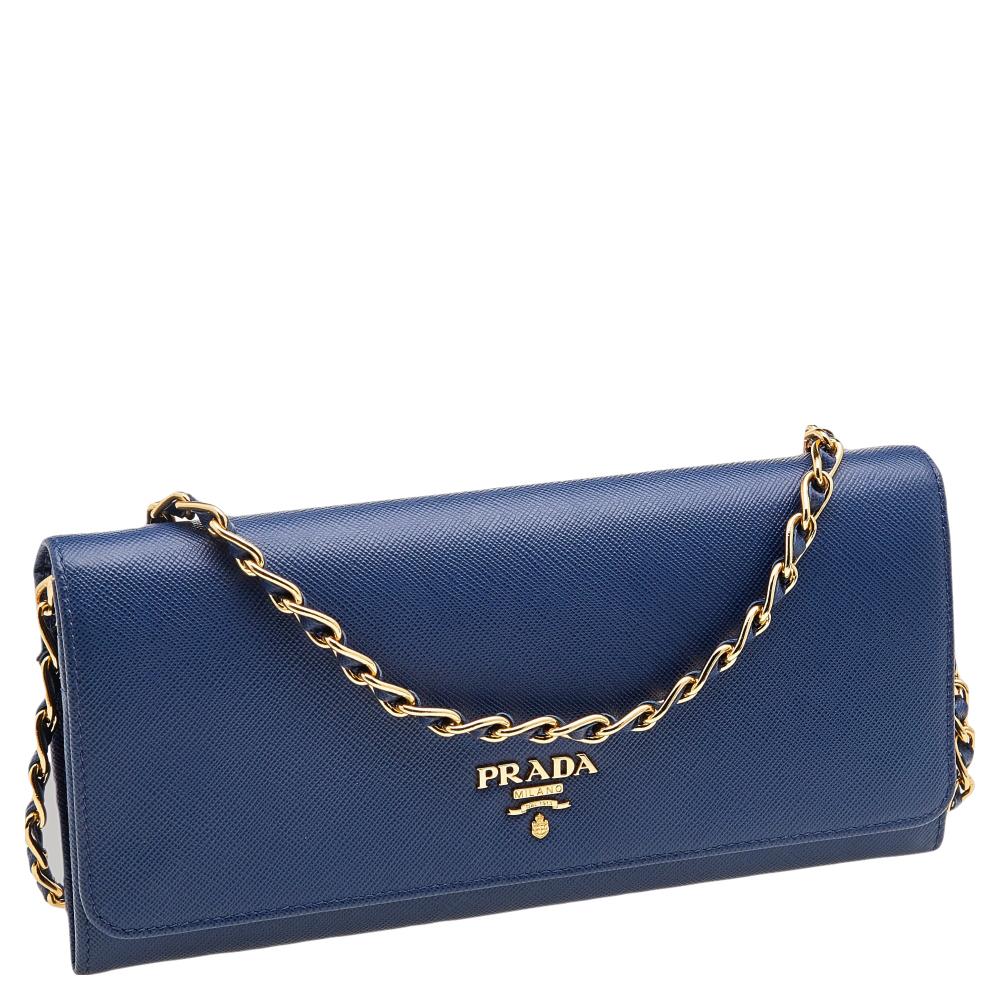 Prada Blue Saffiano Leather Wallet on Chain In Excellent Condition In Dubai, Al Qouz 2