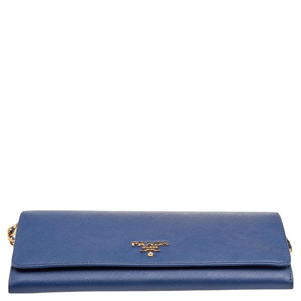 Women's Prada Blue Saffiano Leather Wallet on Chain