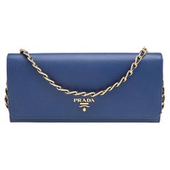 Prada Blue Saffiano Leather Wallet on Chain