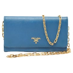 Used Prada Blue Saffiano Leather Wallet on Chain