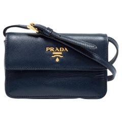 Prada Blue Saffiano Leather Wallet On Strap