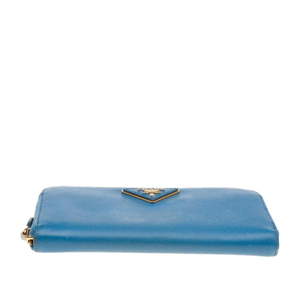 Prada Blue Saffiano Leather Zip Around Wallet 2