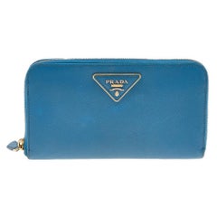 Prada Blue Saffiano Leather Zip Around Wallet