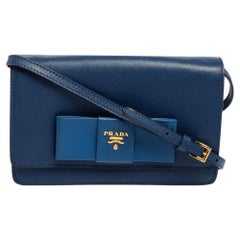 Prada Blue Saffiano Lux Leather Bow Clutch