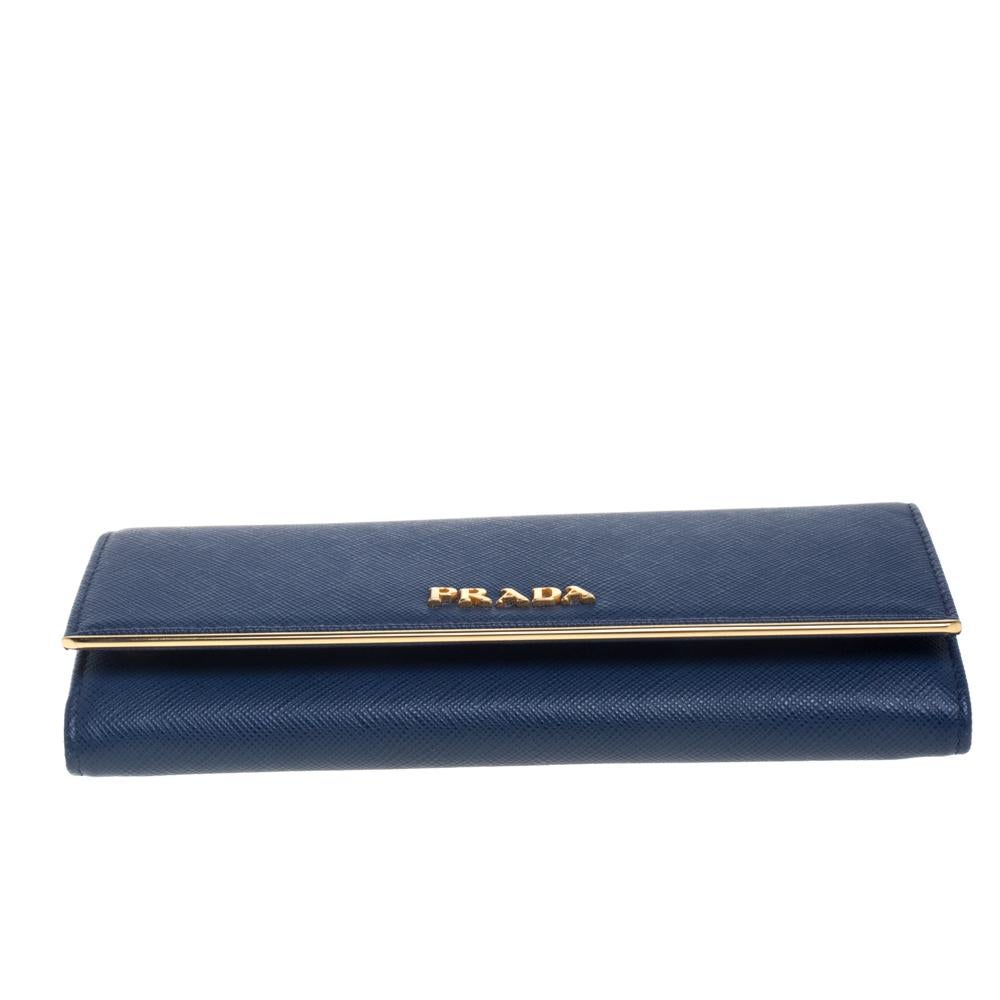 Black Prada Blue Saffiano Lux Leather Continental Flap Wallet