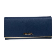 Prada Blue Saffiano Lux Leather Continental Flap Wallet