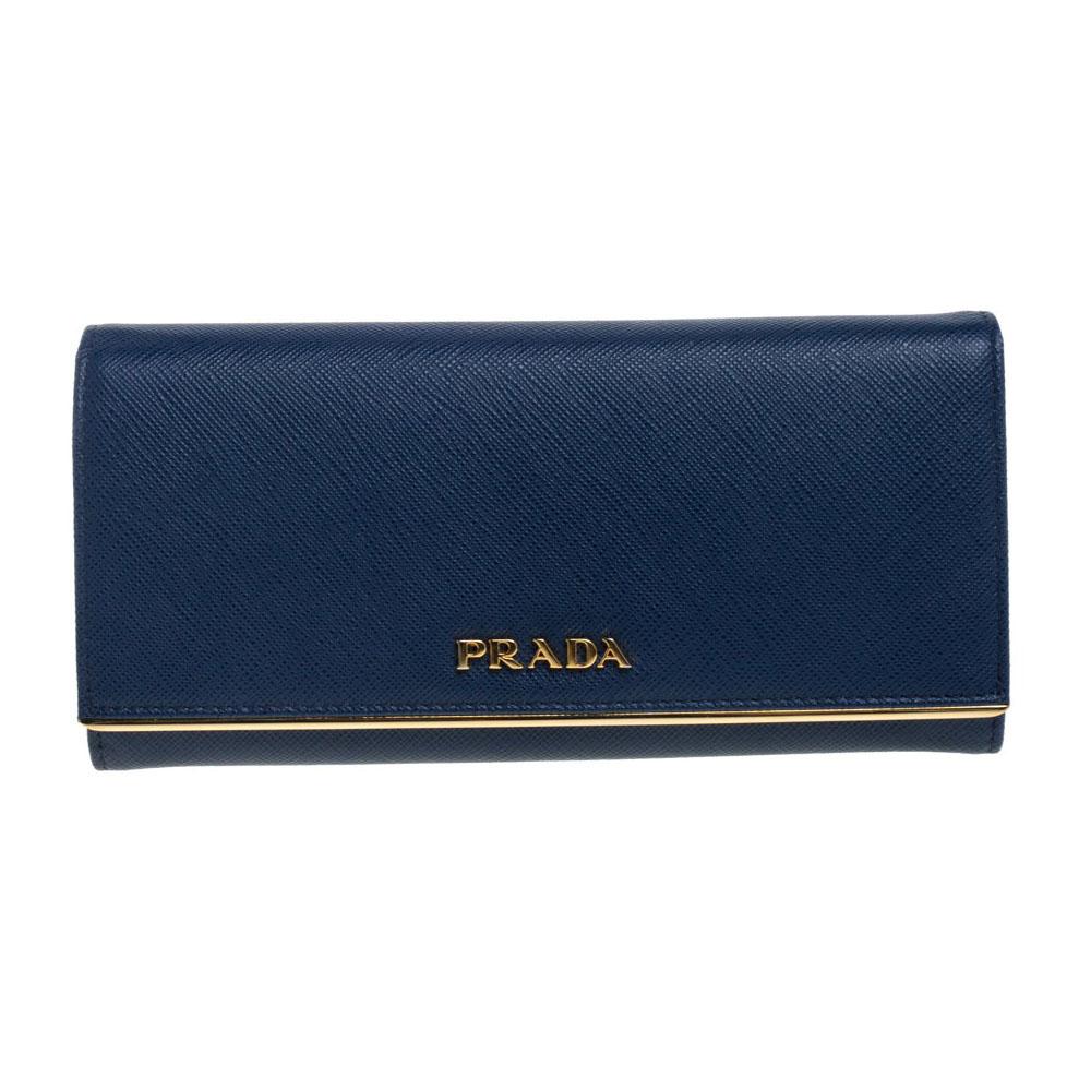 Prada Blue Saffiano Lux Leather Continental Flap Wallet