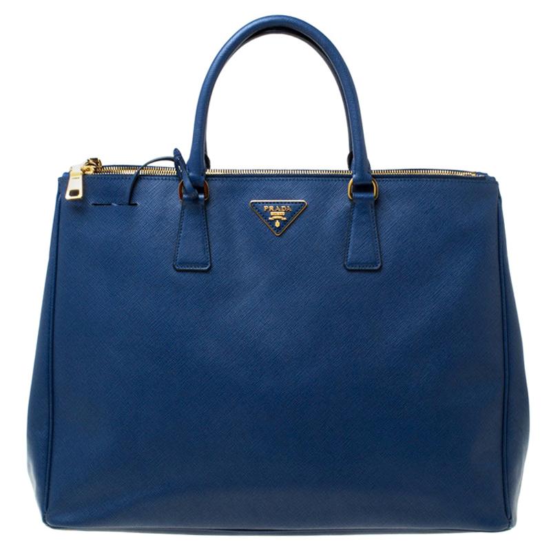 Prada Blue Saffiano Lux Leather Double Zip Executive Tote