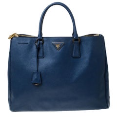Prada Blue Saffiano Lux Leather Double Zip Executive Tote