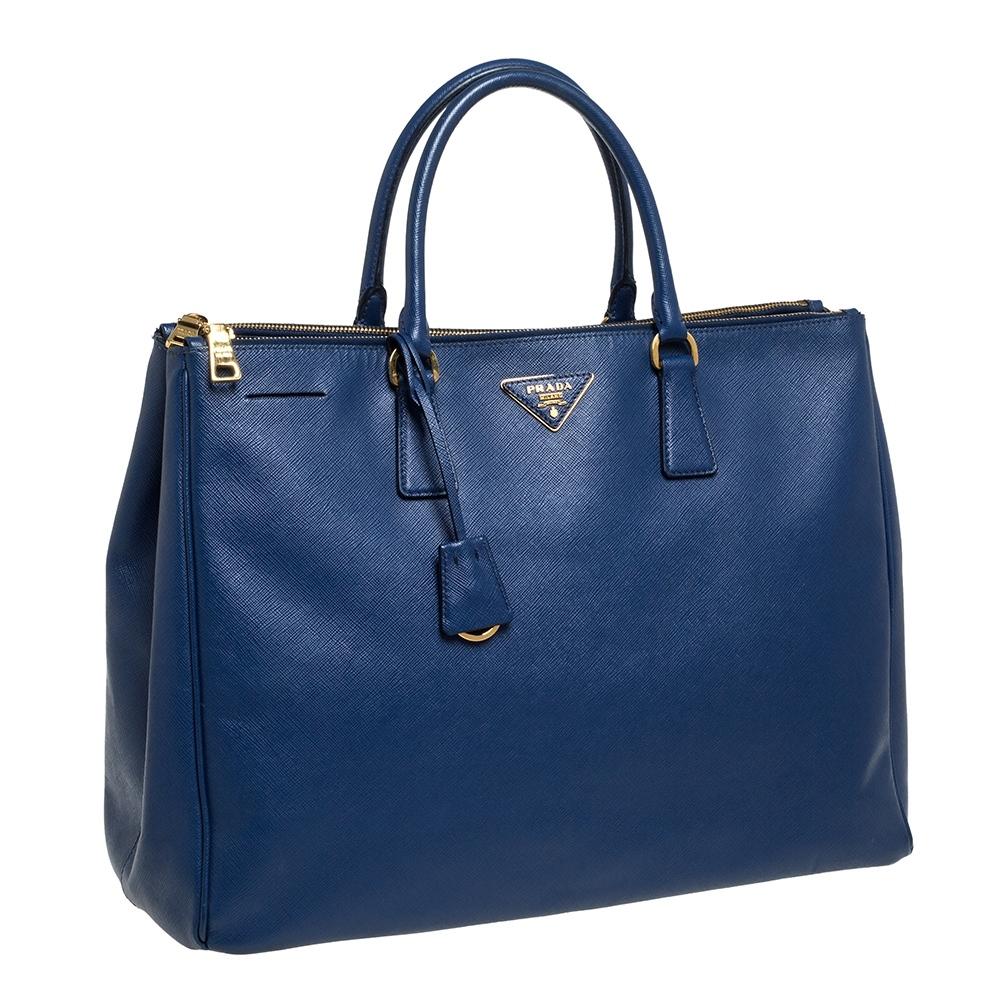 Women's Prada Blue Saffiano Lux Leather Executive Double Zip Tote