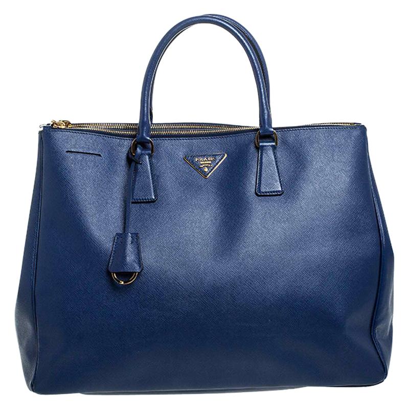 Prada Blue Saffiano Lux Leather Executive Double Zip Tote