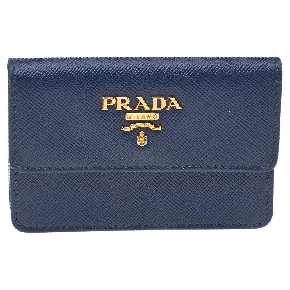 Prada Blue Saffiano Leather Flap Continental Wallet For Sale at 