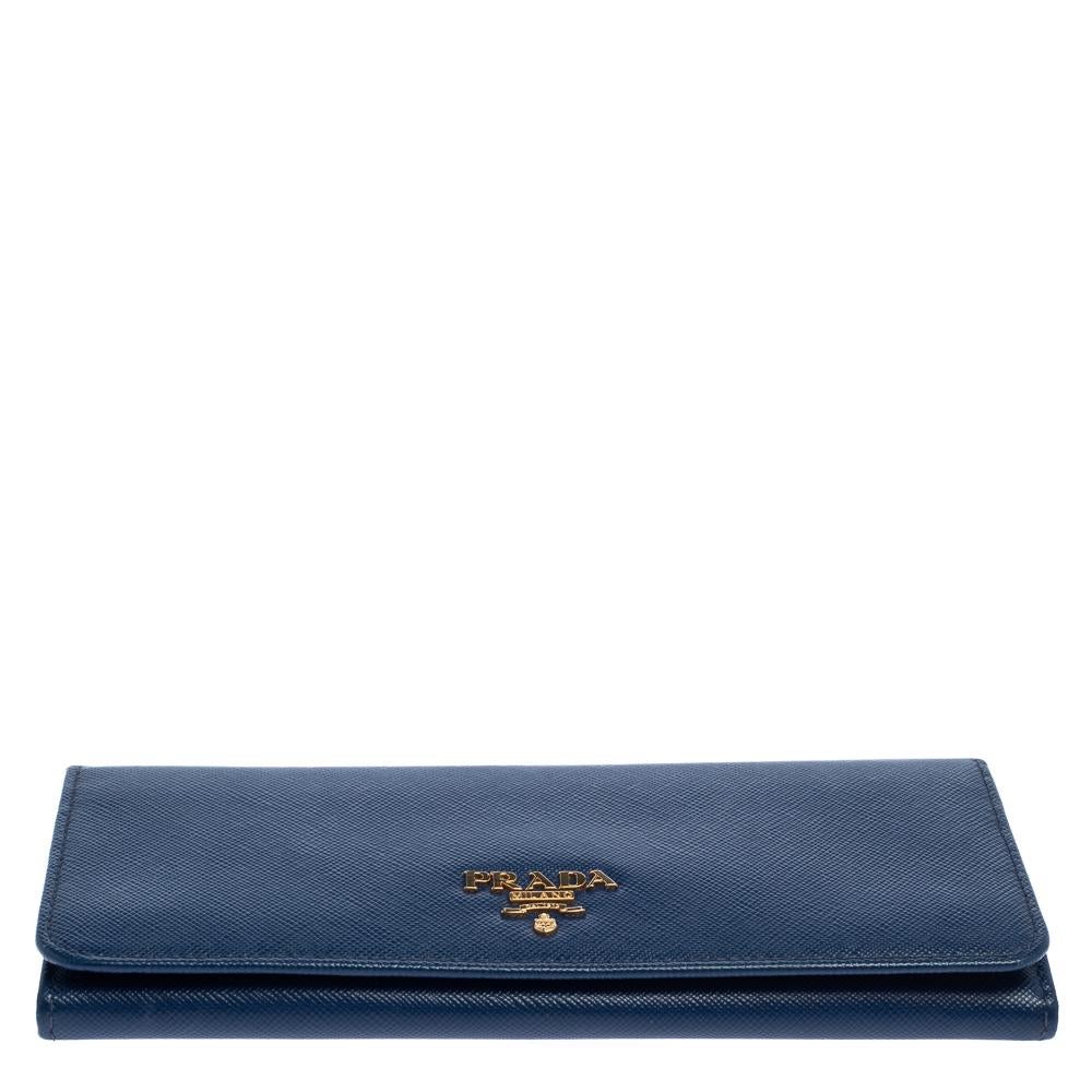 Women's Prada Blue Saffiano Lux Leather Flap Continental Wallet