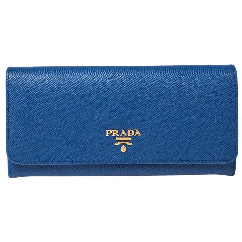 Prada Blue Saffiano Lux Leather Metal Bar Flap Continental Wallet at ...