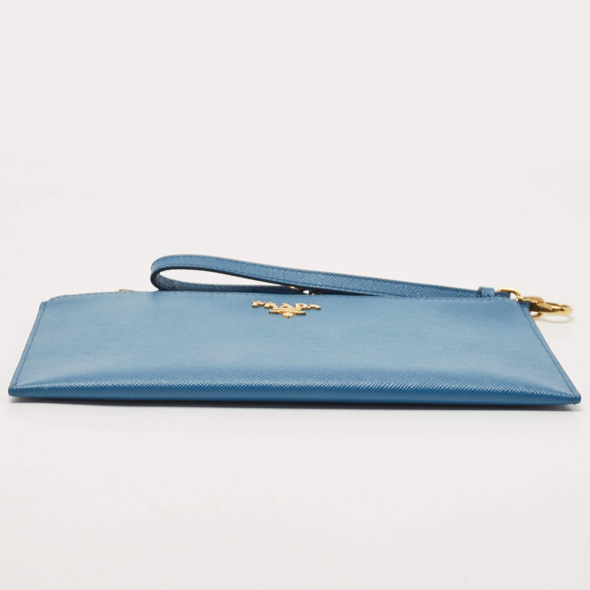 Women's Prada Blue Saffiano Lux Leather Flat Wristlet Pouch