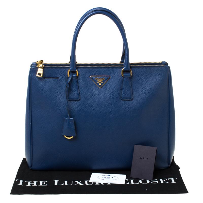 Prada Blue Saffiano Lux Leather Large Double Zip Tote 8