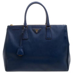 Prada Blue Saffiano Lux Leather Large Double Zip Tote