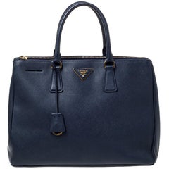 Prada Blue Saffiano Lux Leather Large Double Zip Tote