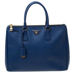 Prada Blue Saffiano Lux Leather Large Double Zip Tote