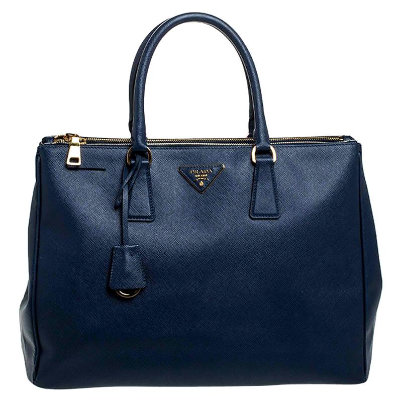 Prada Blue Saffiano Lux Leather Large Double Zip Tote