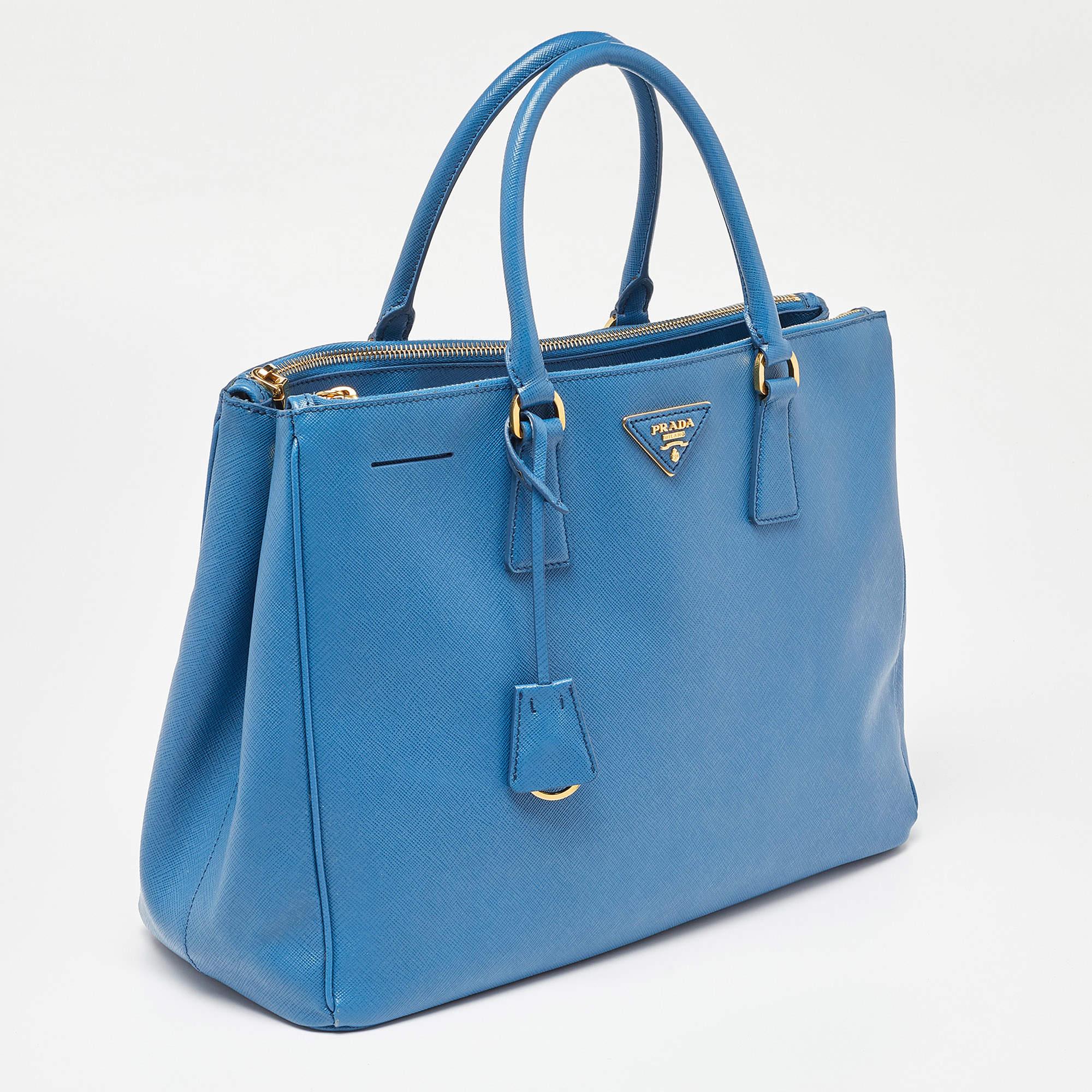 Prada Blue Saffiano Lux Leather Large Galleria Double Zip Tote For Sale 6