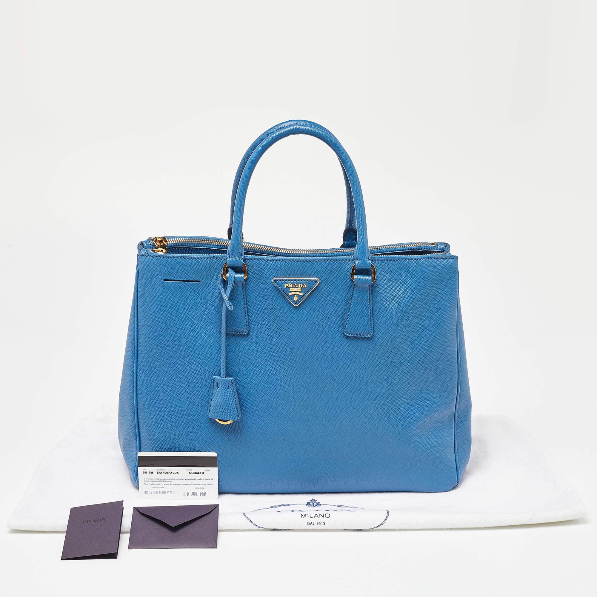 Prada Blue Saffiano Lux Leather Large Galleria Double Zip Tote For Sale 11