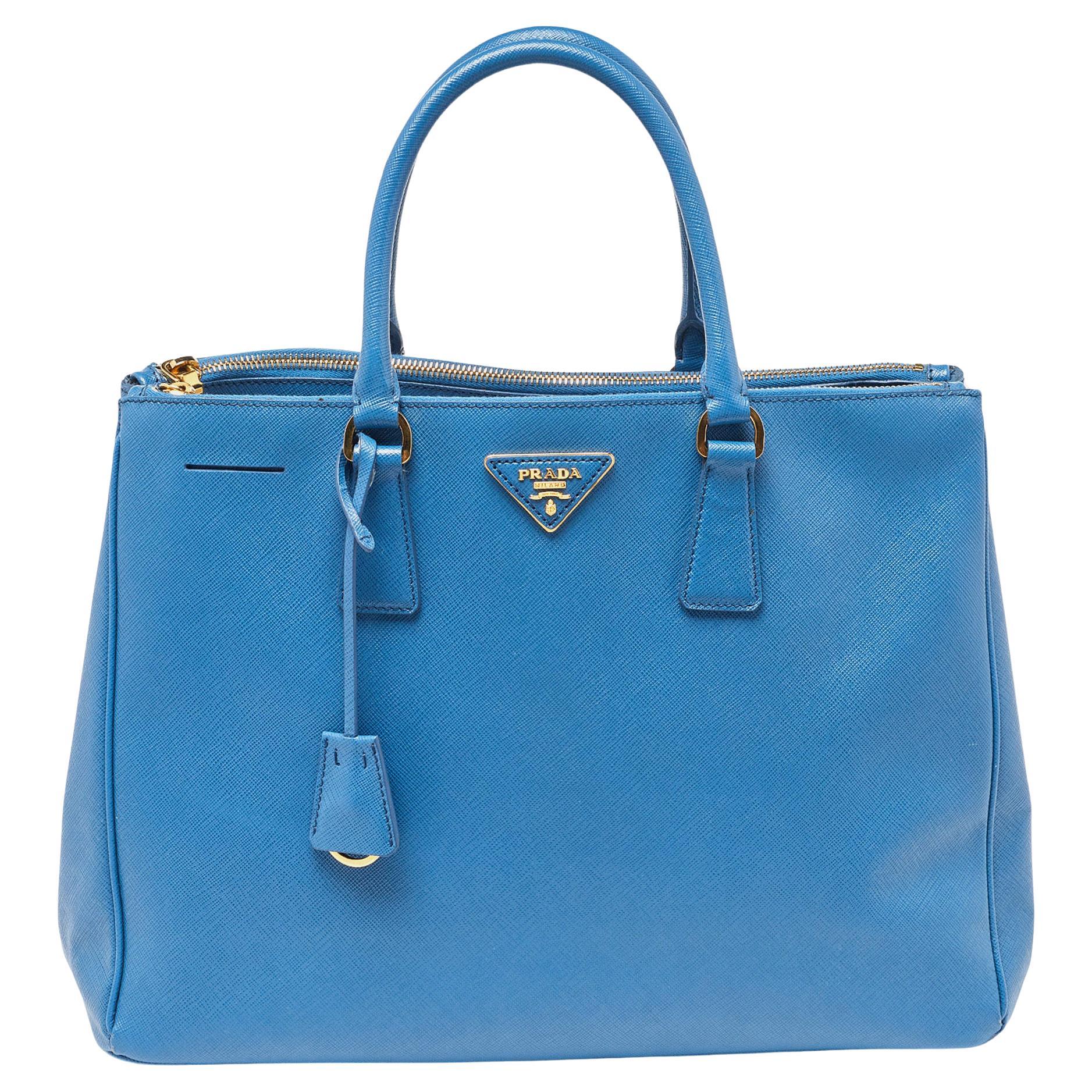 Prada Blue Saffiano Lux Leather Large Galleria Double Zip Tote For Sale