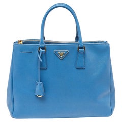 Used Prada Blue Saffiano Lux Leather Large Galleria Double Zip Tote